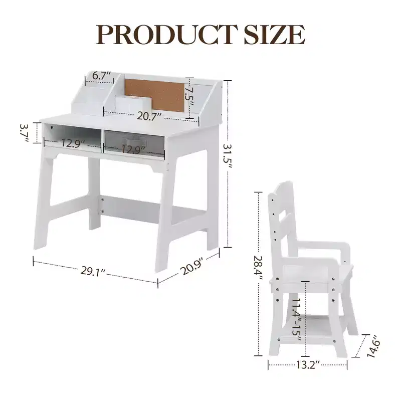COZONY Kids Study Table Set with Adjustable Chair, Study Desk with Hutch, Bulletin Board, 2 Drawers, 2 Pen Holders