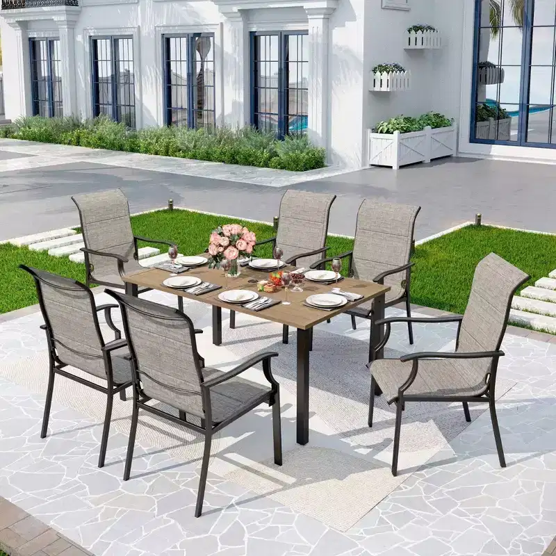 7pc Patio Dining Set with Wood Grain Tabletop & Metal Padded Arm Chairs - Captiva Designs