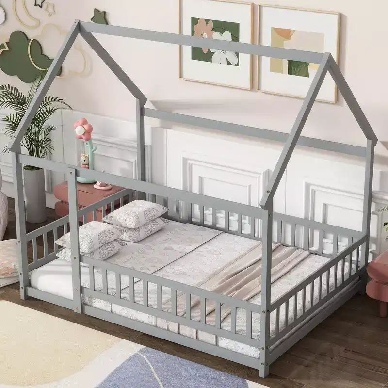 Whisen Full Size Bed & Floor Bed, Wooden Structure with Fence Design for Safe & Imaginative Sleep Spaces For Children