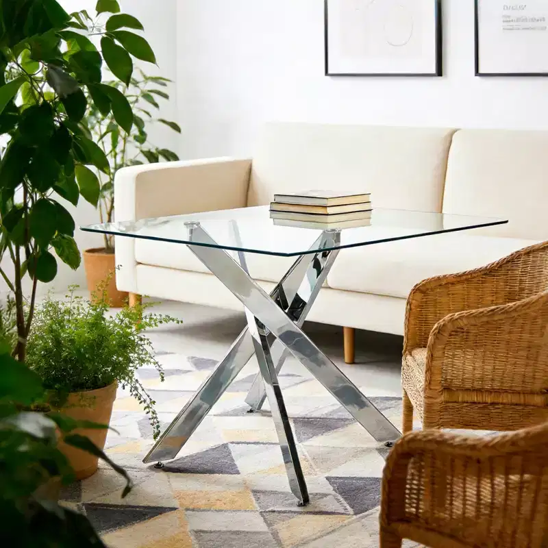 Square Dining Table 90x90x75cm Chrome Cross Metal Legs & Tempered Glass Top, Space-Saving