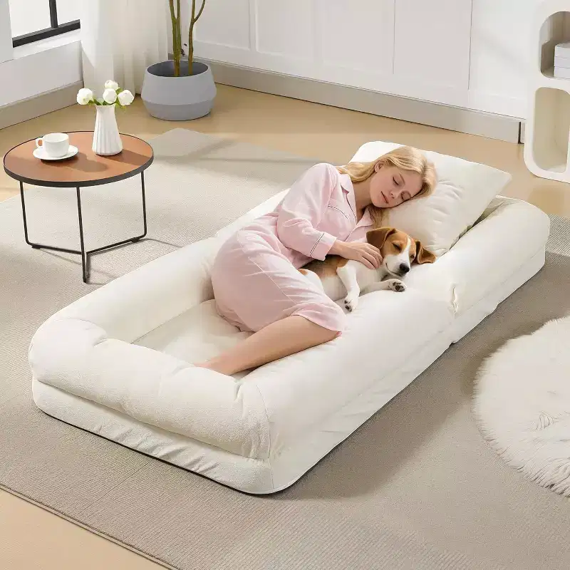 Chenille 5-Position Adjustable Foldable Sofa Dog Bed with Fluffy Pillows, Oversized Lounger for People and Pets