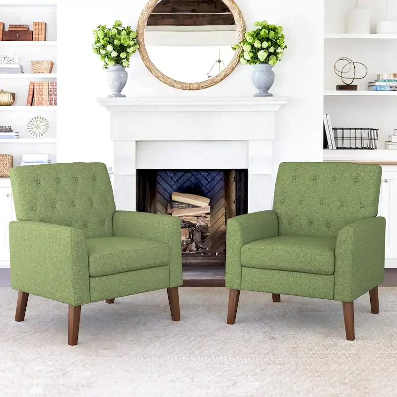 LUE BONA Mid-Century Modern Upholstered Linen Fabric Button Tufted Accent Chair Set of 2 - 28.5 W X 27.25 D X 33.75 H