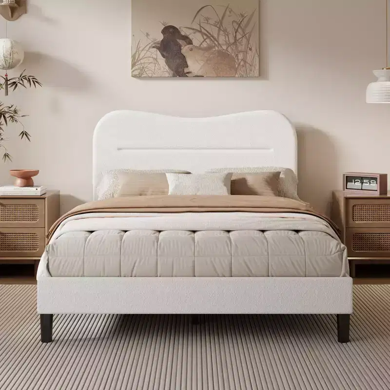 Full Size Upholstered Bed Frame Teddy Boucle Fabric Headboard White Cloud Bed Frame Modern Marshmallow Design No Box Spring Needed Strong Wood Slats