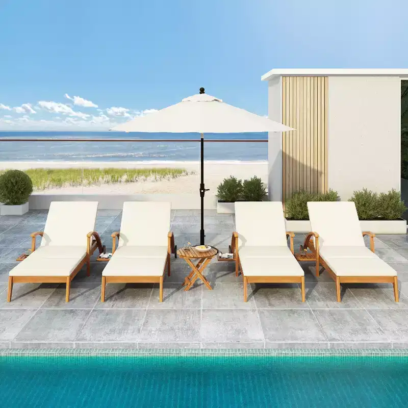 Christopher Knight Home Fred 5 Piece Outdoor Acacia Wood Adjustable Chaise Lounge and Accent Table