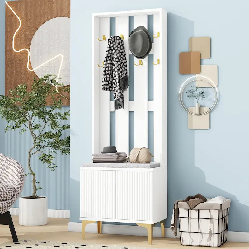4-in-1 Hall Tree with Cushion, Coat Rack with 8 Gold Hooks and Legs, Entryway Bench with Adjustable Shelves & Fluted Doors