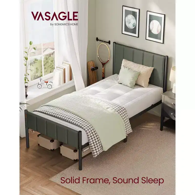Twin Bed Frame with Upholstered Headboard
