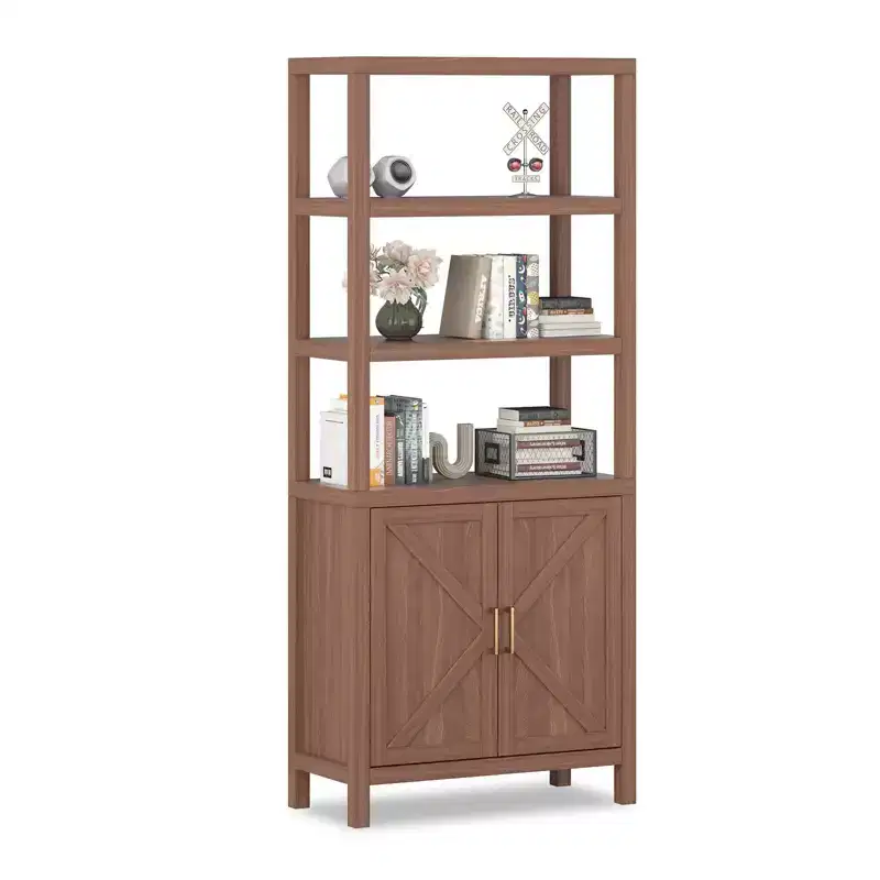 GustoWave Tier Bookshelf with Drawer, Large Farmhouse Display Book Shelf with Adjustable Shelves and Storage Cabinet, Library Wood Bookshelves,Brown