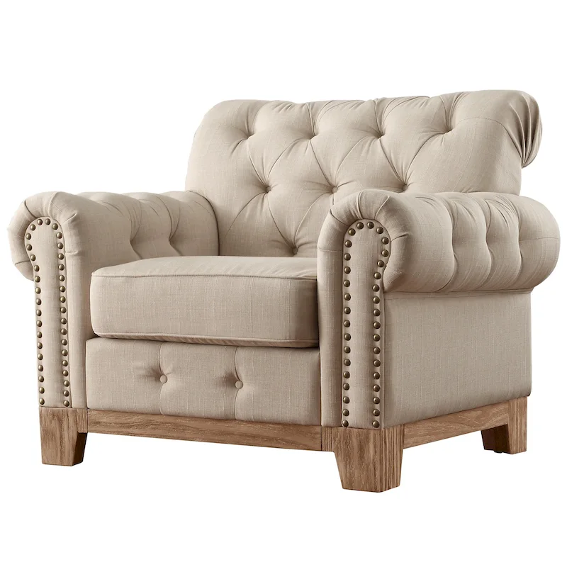 Tufted Scroll Arm Accent Chair with Nailhead Trim