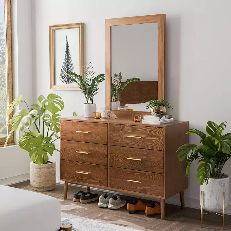HOMES: Inside + Out 2pc Riverstone Mid-Century Modern 6 Drawer Dresser and Mirror with Anti Tip Interlock System Walnut