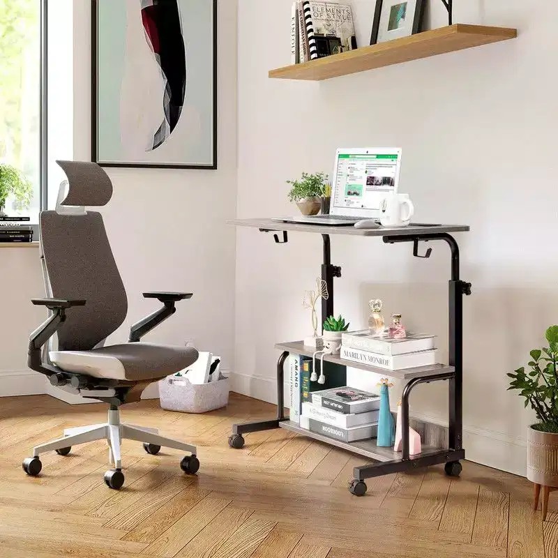 Gray Height-adjustable Wooden and Steel Structure Computer Desk with Charging Dock