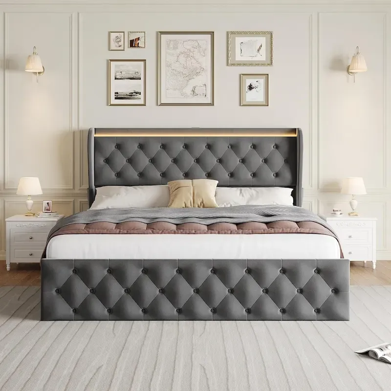 Velvet Upholstered Bed Frame with Wingback Headboard, 4 Storage Drawers, LED Lighting, USB Charging