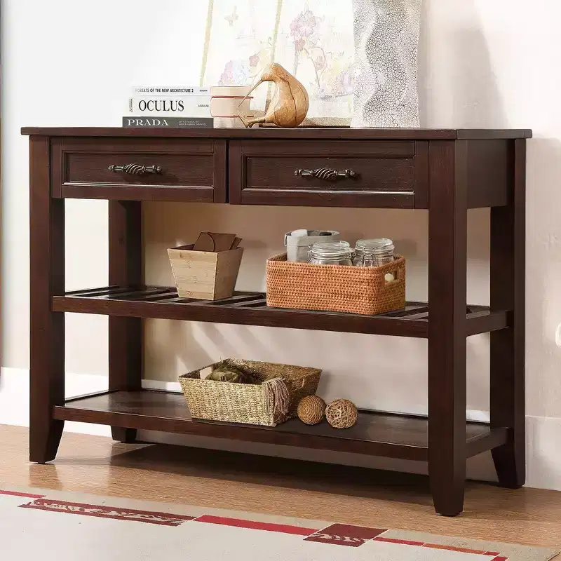 Whisen Mid-Century Style Console Table with Two Storage Drawers and Two Tiers Shelves