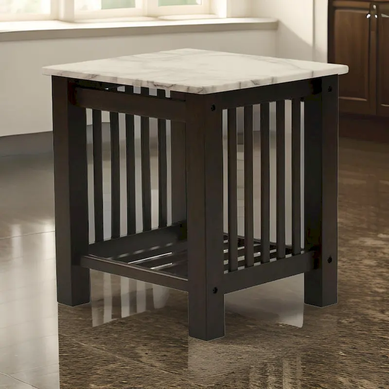 21 Inch Side End Table, White Faux Marble, Bottom Shelf, Black Wood
