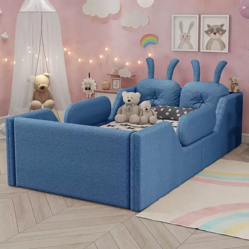 Okak Modern Twin Size Upholstered Floor Beds with Bunny Cushion & Removable Side Rails,Wooden Platform Bed for Kids Room,Bedroom
