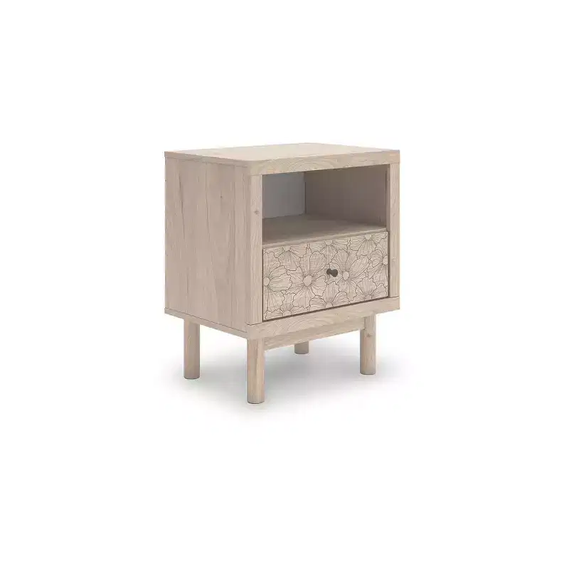One Drawer Nightstand with USB Charging Port, Light Oak Finish, Floral Accent Drawer, Tan