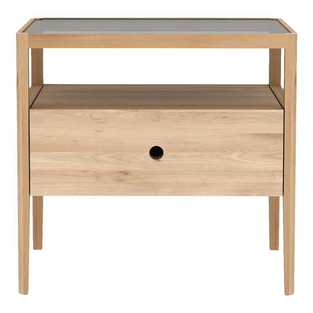 Classic Solid Wood Bedside Table with Spindle-Inspired Spokes & Single Drawer for Bedroom