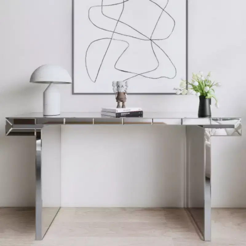 60 Mirrored Console Table with Fluted Glass Accents, Modern Full-Length Entryway Table for Living Room, Hallway or Behind Sofa - Panipeachy
