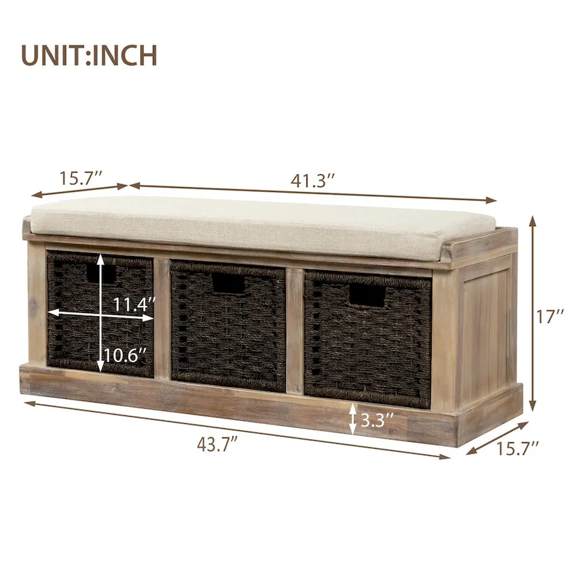 Entryway Bench with 3 Removable Rattan Baskets