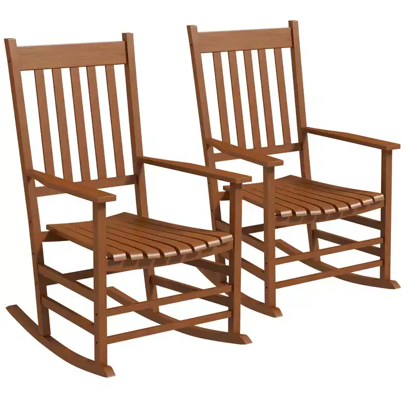 Outdoor Rocking Chair Set of 2, Patio Wooden Rocking Chair with Smooth Armrests, High Back for Garden, Balcony, Porch, Supports Up to 352 lbs