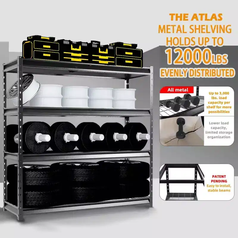 Atlas Shelving 4-Tier 72x24x72 Heavy Duty Garage Shelving Load 12000lbs Hammertone: Steel Utility Storage, Adjustable Shelves