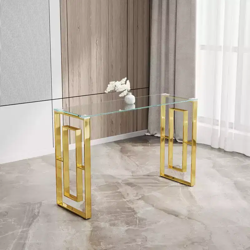 Okak 47IN Modern Console Table with Glass Tabletop, Entryway Table with Stainless Steel Feet, Accent Table for Living Room, Hallway