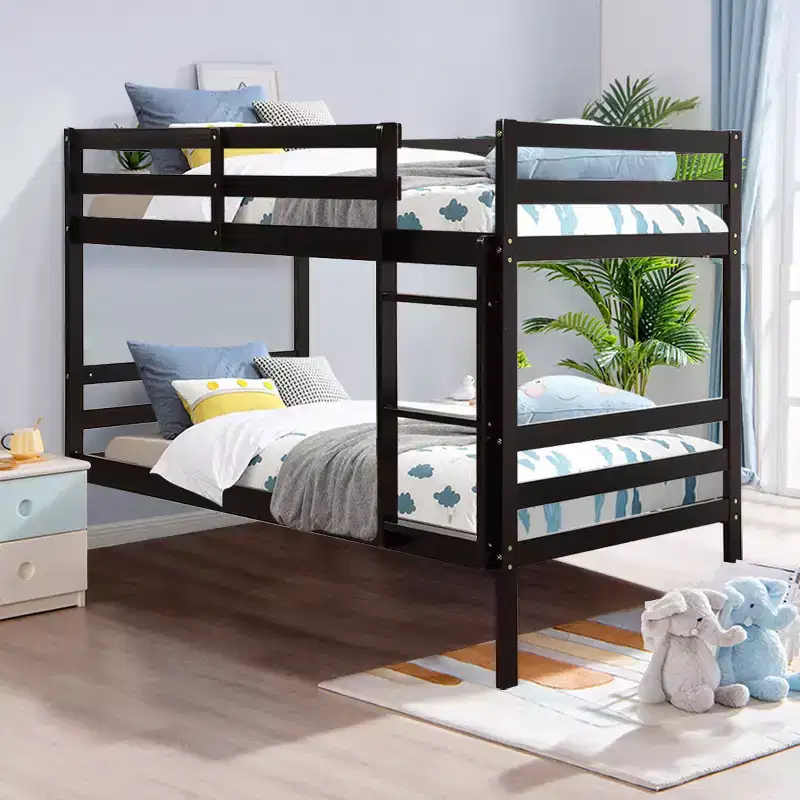Costway Twin Over Twin Wood Bunk Beds Ladder Safety Rail EspressoWhite