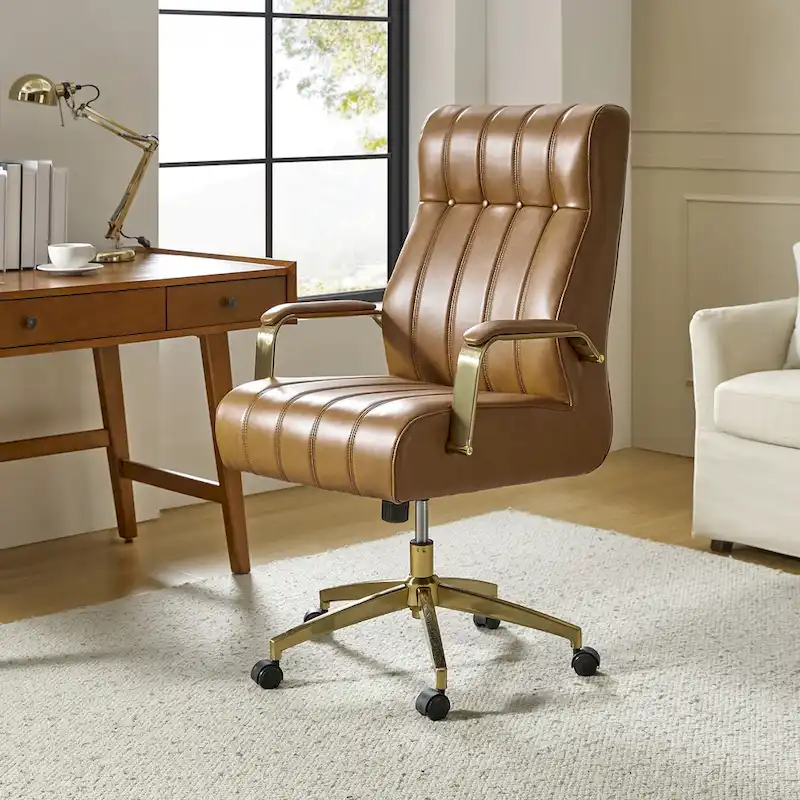 Mid-Century Modern Vegan Leather Swivel Tilting Office Chair with Channel Tufted and Metal Feet