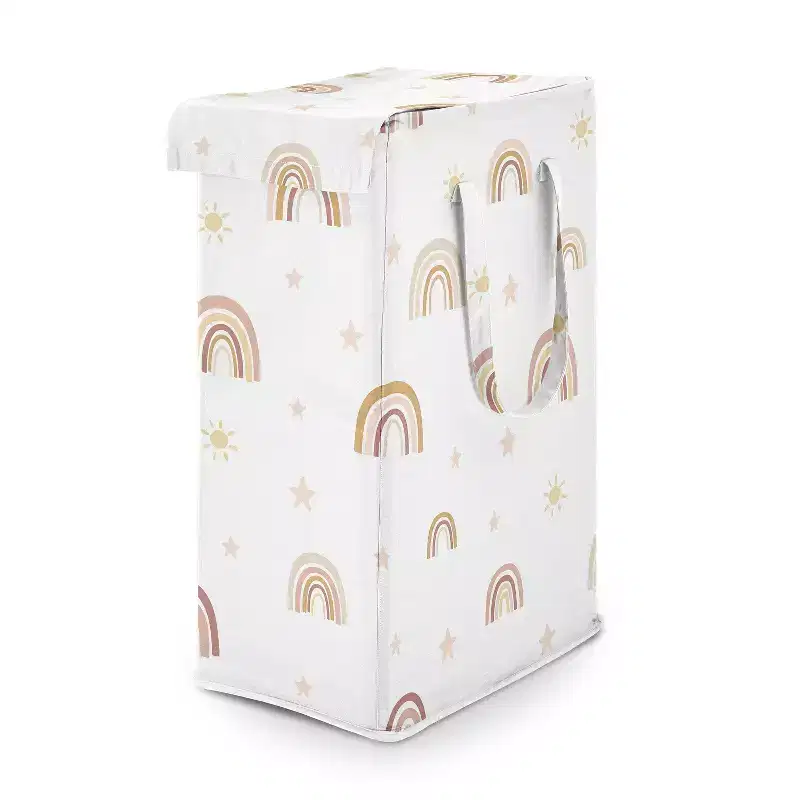 Girl Foldable Laundry Hamper with Handles Boho Rainbow Pink Yellow and Beige