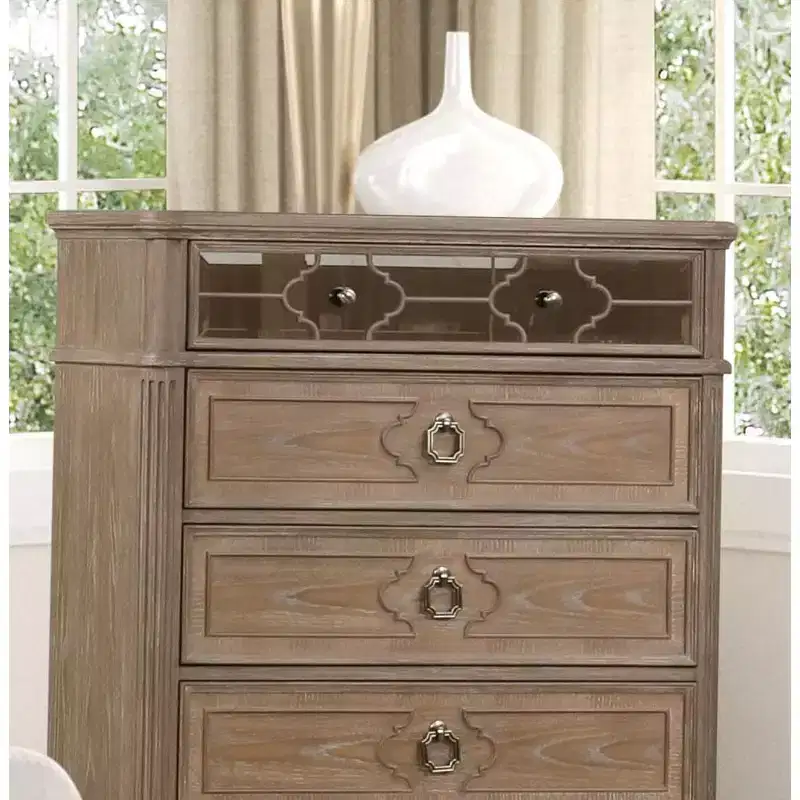 Simple Contemporary 1pc Chest of Drawers Rustic Oak Veneer Solid wood English Back Dovetail Drawers Bedroom Furniture Mirror Panel