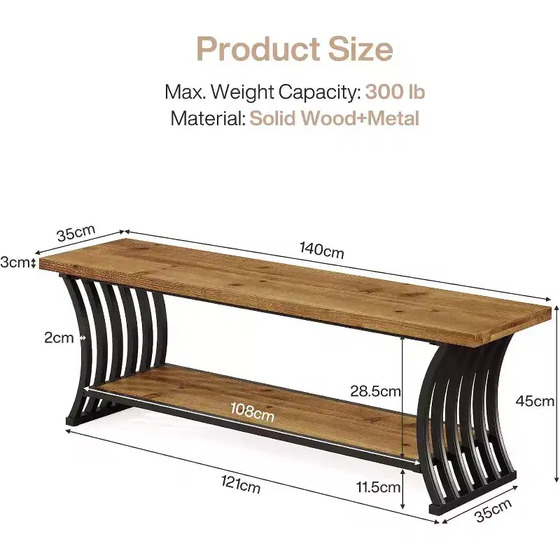 Industrial Entryway Bench with Shelf, Wood End of Bed Shoe Bench, 55 Long Storage Benches for Bedroom, Hallway, Foyer, Entry, Brown & Black