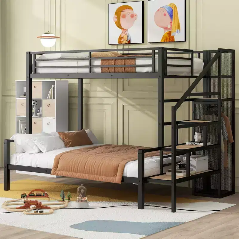 Twin over Full Size Metal Bunk Bed with Storage Staircase, Heavy-Duty Steel Bed Frame with Open Wardrobe for Kids Teens Adults, Black