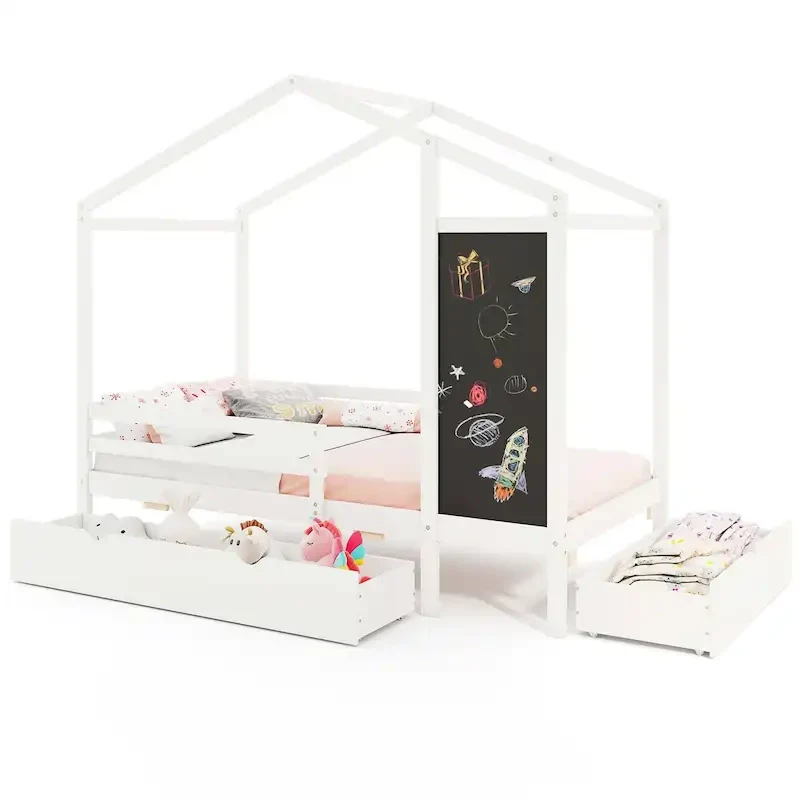 Costway Twin House Bed with 2 Storage Drawers Solid Wood Platform Bed