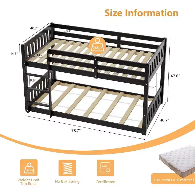JOYMOR Solid Wood Low Twin Over Twin Bunk Bed for Kids/Junior, Bunk Bed Frame with Guardrails & Ladder for Boys Girls, No Box Spring Needed (Black)