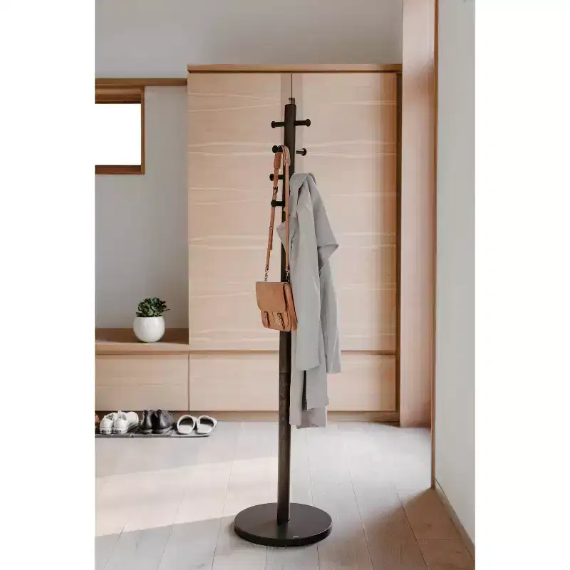 Wood Pillar Coat Rack, 8-Hook, Freestanding, Black/Walnut, 66