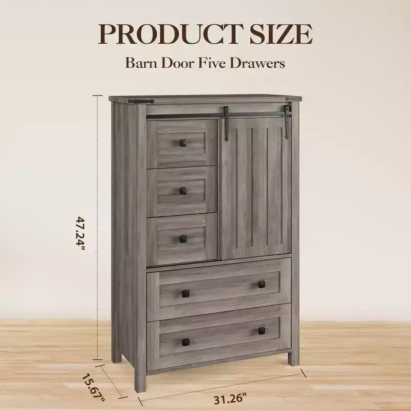 5-Drawer Dresser, Modern Wooden Bedroom Chest of Drawers With Storage Drawers, Farmhouse Style TV Stand for Living Room, Bedroom, Hallway