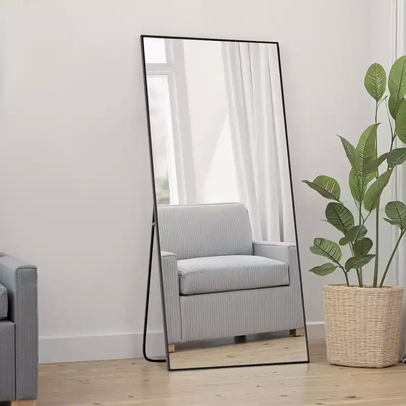 28 in. W x 71 in. H Rectangular Metal Framed Full Length Wall Mirror Free Standing Mirror in Black