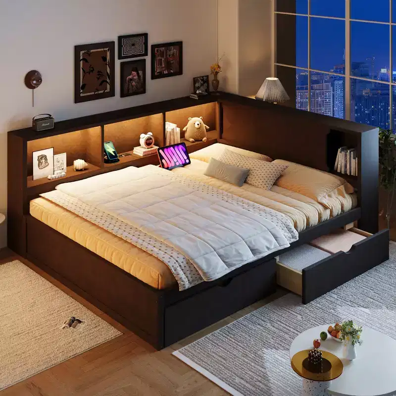 Full Size Wood Daybed with Storage Shelves, USB, LED, and Trundle
