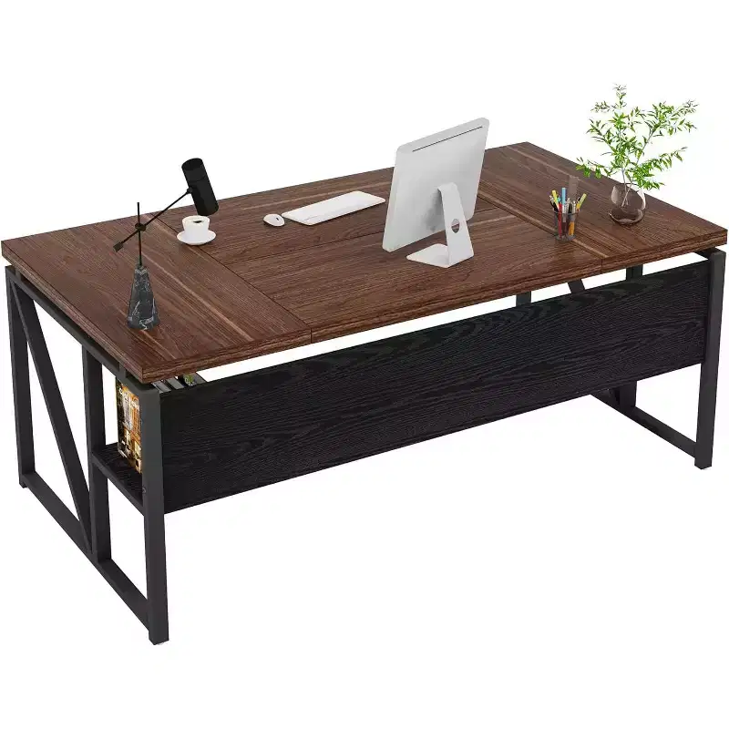 Lantine 63-inch Computer Desk with bottom storage shelf, dark walnut and steel legs, for home office workstation; cabinet not included.