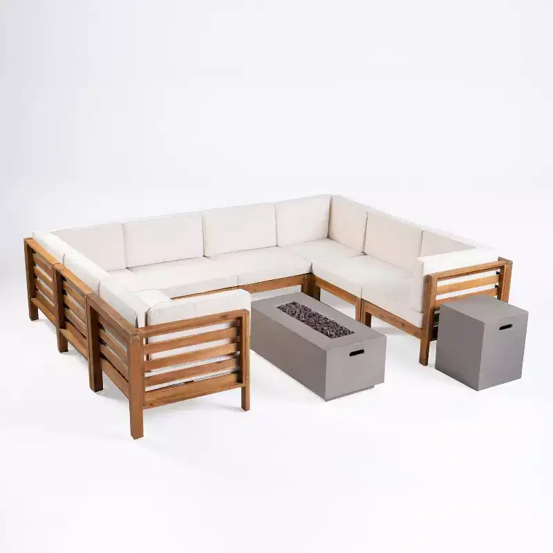 GDFStudio Cascada Outdoor Acacia Wood 8 Seater Sectional Sofa Set with Fire Pit