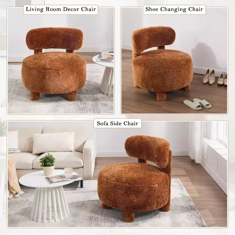 Upholstered Accent Chair Armless Side Chair with Curved Backrest, Teddy/Fur, White/Khaki - ModernLuxe