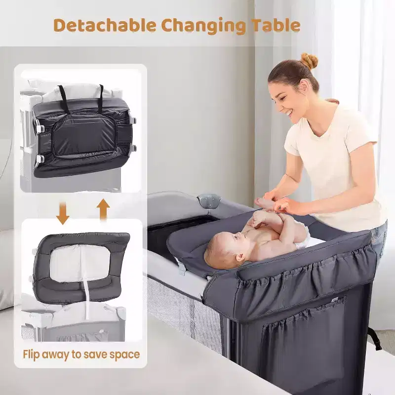 JOYMOR 5 in 1 Pack and Play with Bassinet, Diaper Changing Table for Newborn Infant, Portable Baby Playpen for Babies and Toddlers (Gray)