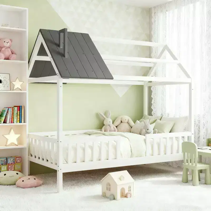 Twin Size Wood House Bed with Fence for for Kids' Rooms