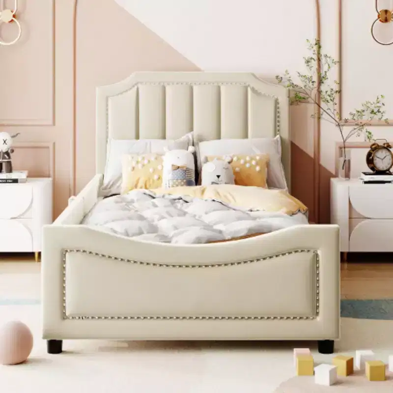 Beige Twin Size Upholstered Daybed with Classic Stripe Design Headboard