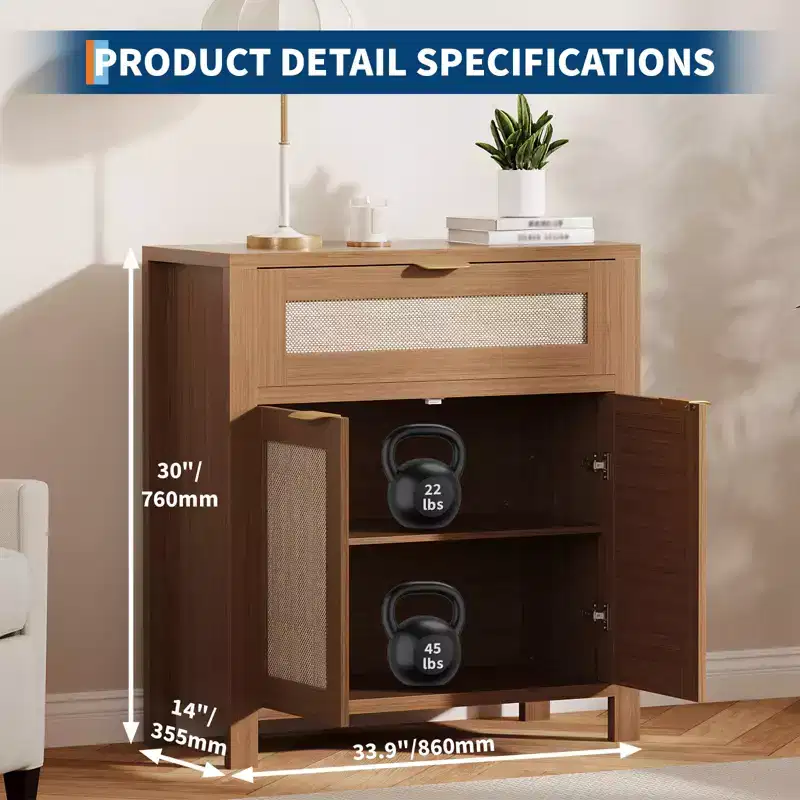 Sideboard Buffet Cabinet with Storage, Rattan Cabinet with Drawer and Door Accent with Adjustable Shelves Bar Console Table for Living Room Kitchen