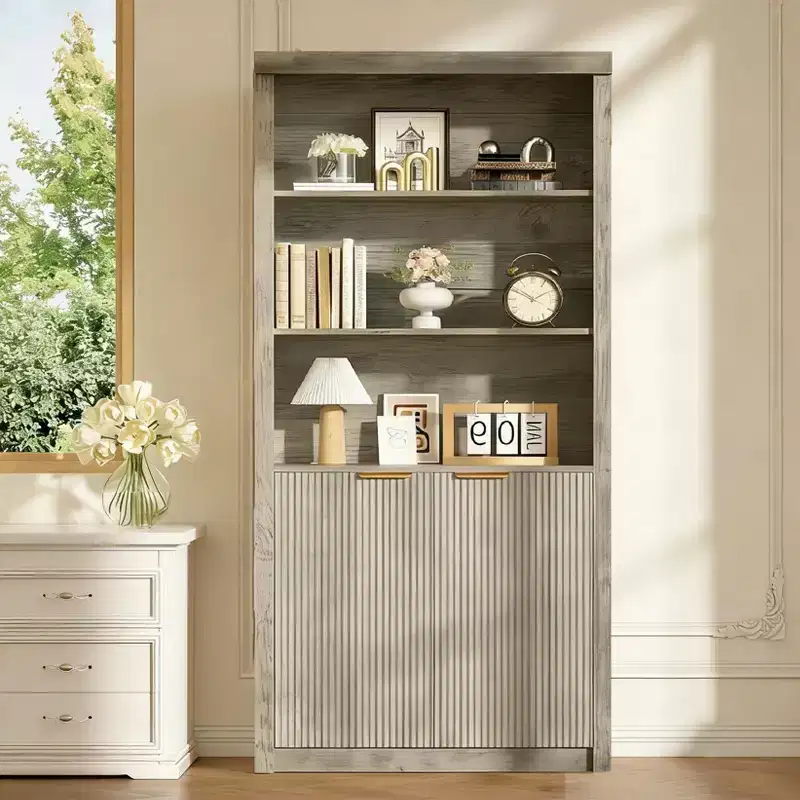 Tall 5-Tier Bookcase with Doors and Drawer 31.5'' W Modern Freestanding Bookshelf, Adjustable Storage Cabinet for Home Office or Living Room