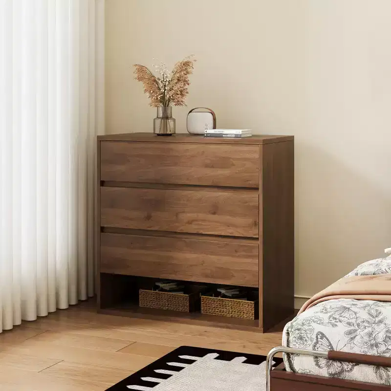 Luck Live Modern 3-Drawer Nightstand with Open Storage Shelf, Minimalist Bedside Table for Bedroom Walnut Color