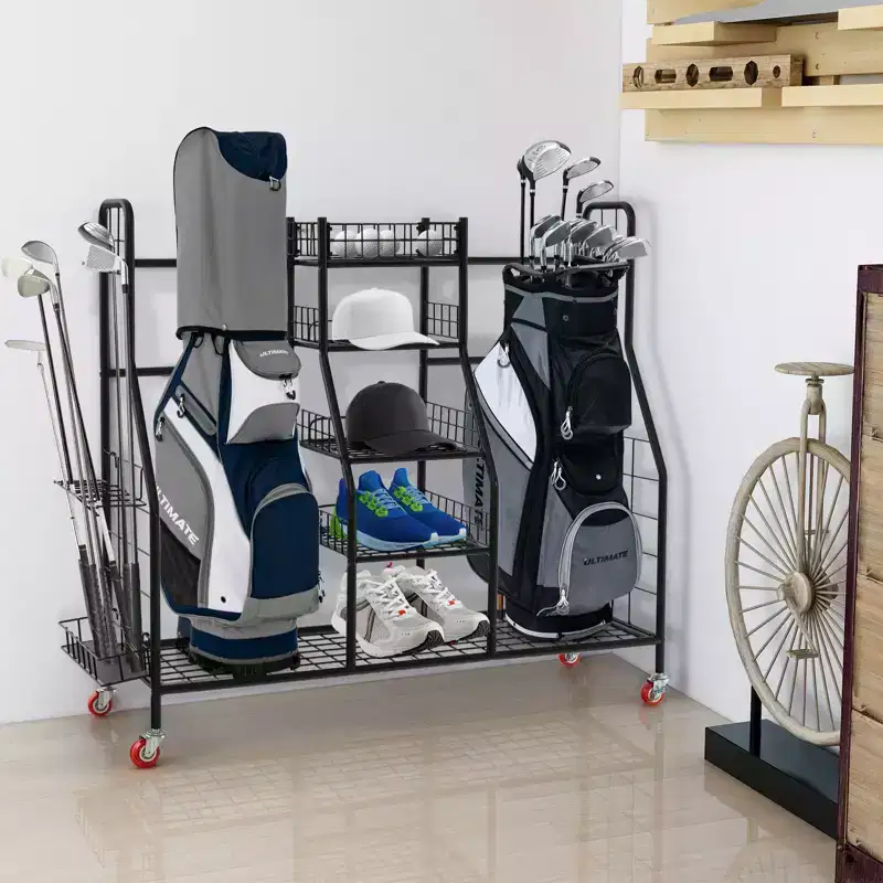 Heavy-Duty Metal Golf Bag Storage Organizer with Double Rack, Removable Club Stand Shelves, Lockable Wheels and Extra-Large Capacity