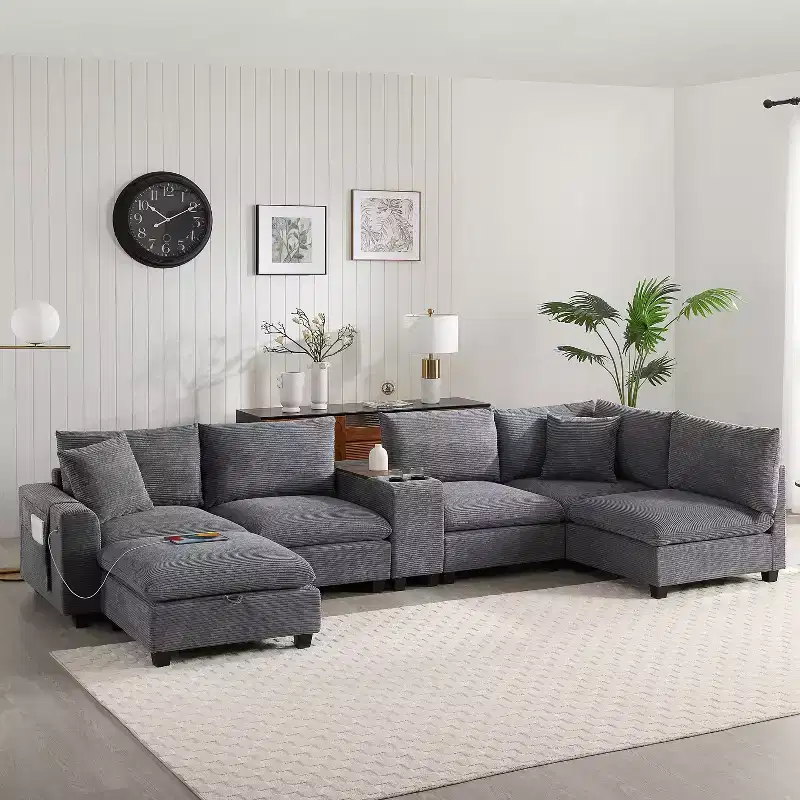 Modern Chenille 4-seat Sectional Sofa with Ottoman, L-Shaped Cloud Couch Set with Throw Pillows