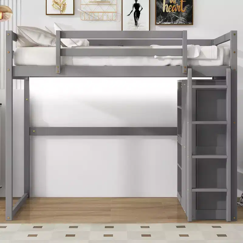 79.5''L 57.0''W Full Size Loft Bed with Built-in Wardrobe, Storage Shelves and LED Light
