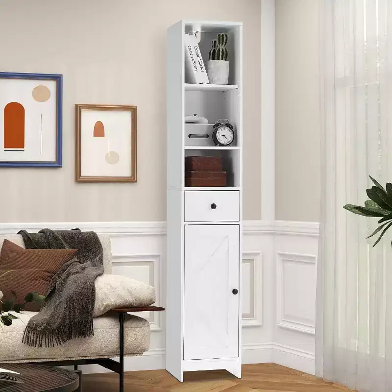 Slim 66.9 Tall Bathroom Cabinet with 3 Open Shelves. Water-Resistant, Freestanding & Space-Saving for Bathroom, Kitchen, or Hallway (White)